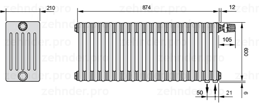Схема (чертеж) Радиатор Zehnder Charleston 6060/19 №V002 Белый глянцевый RAL 9016